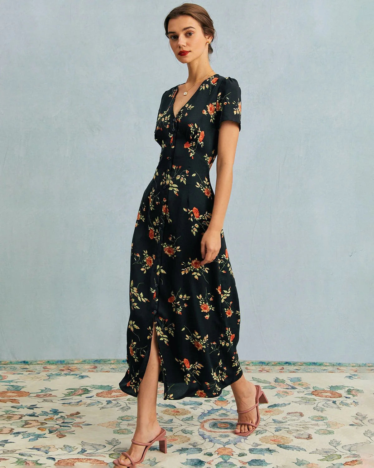 Evie - Black V Neck Floral Button Up Mini Dress