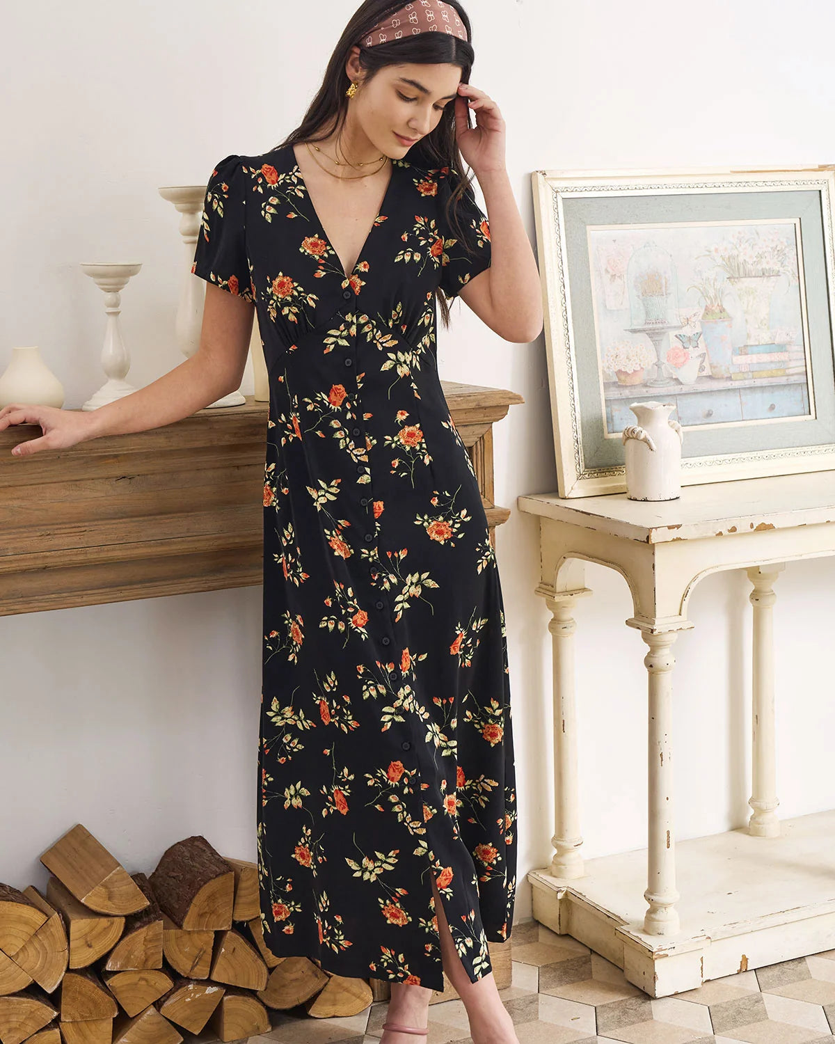 Evie - Black V Neck Floral Button Up Mini Dress