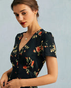 Evie - Black V Neck Floral Button Up Mini Dress