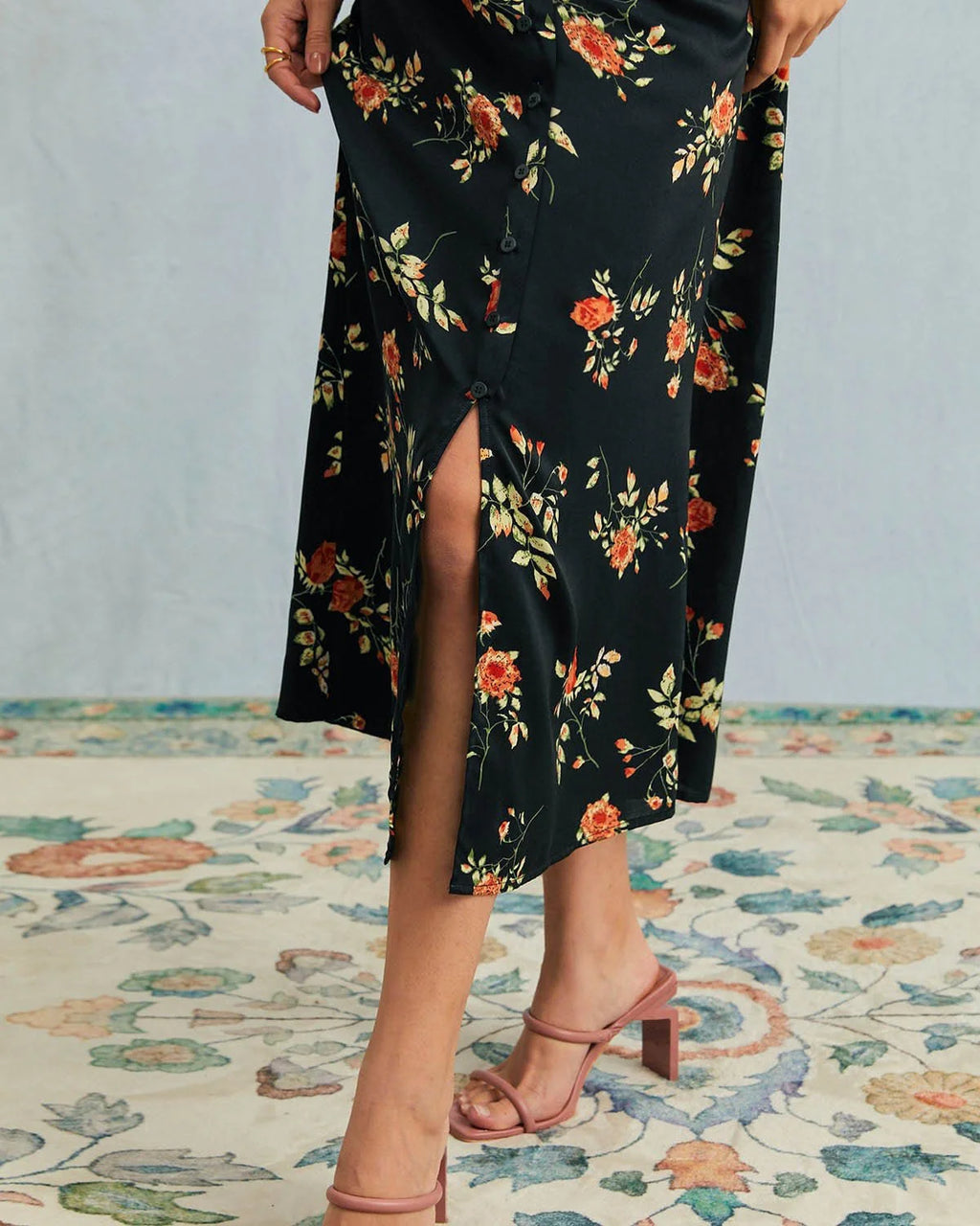 Evie - Black V Neck Floral Button Up Mini Dress