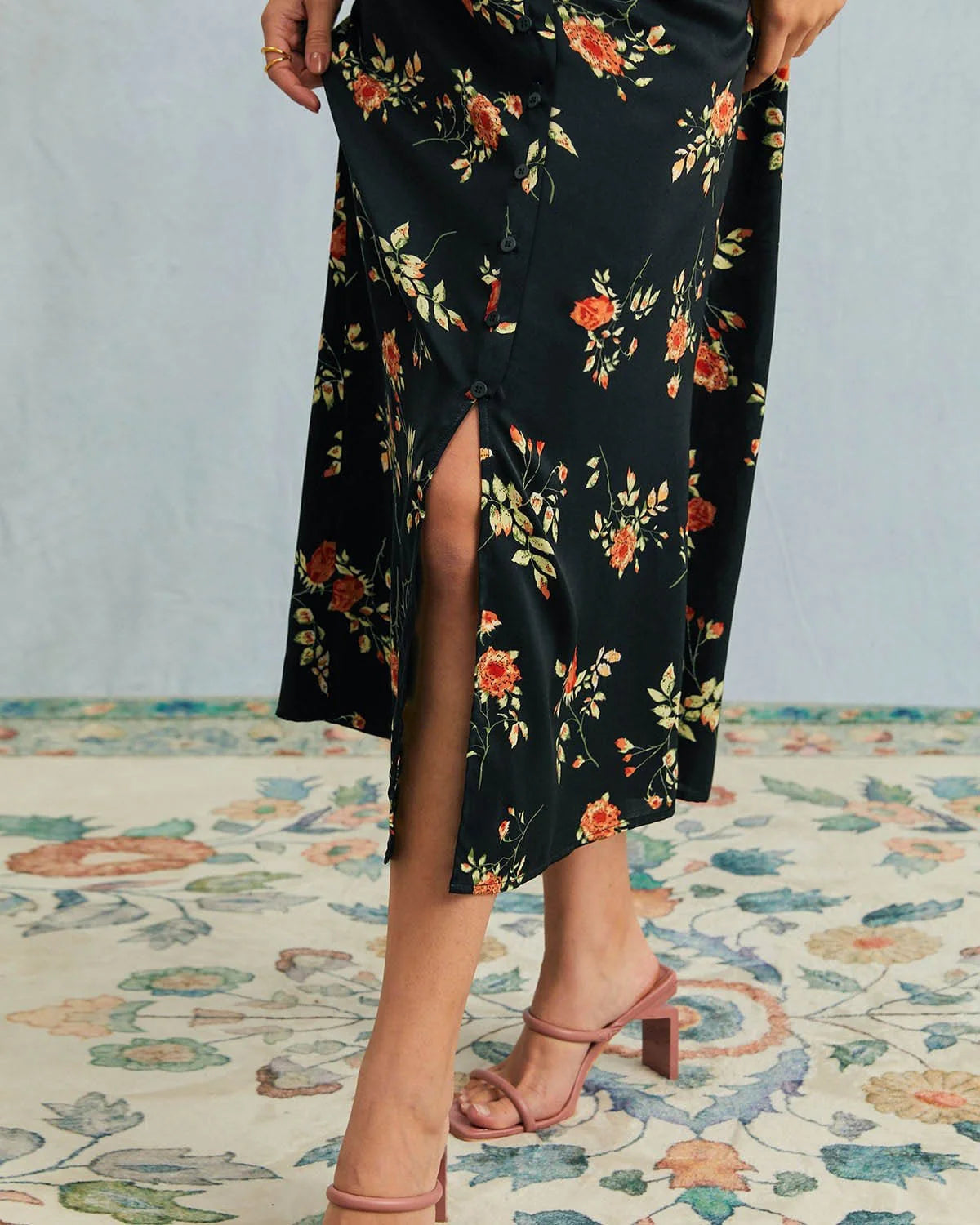 Evie - Black V Neck Floral Button Up Mini Dress