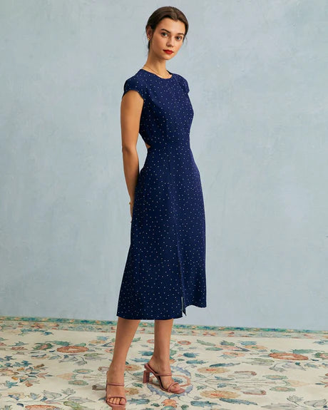 Alice - Polka Dot Cutout Round Neck Midi Dress