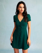 Atherton - Dark Green V-Neck Button-Up Mini Dress