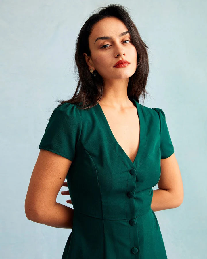 Atherton - Dark Green V-Neck Button-Up Mini Dress