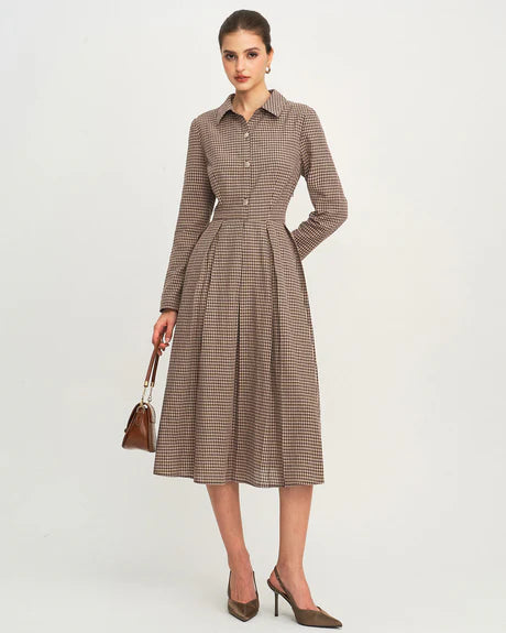Aaliyah - Brown Plaid A Line Midi Dress