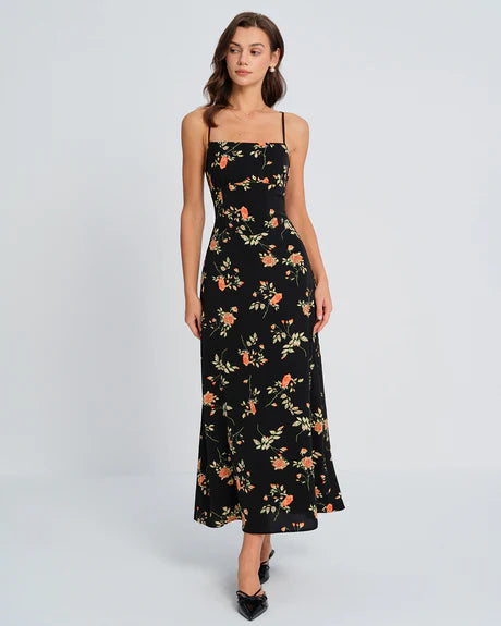 Alexis - Black Square Neck Floral Slip Maxi Dress