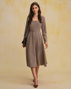 Angelica - Brown Plaid A Line Midi Dress