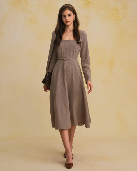 Angelica - Brown Plaid A Line Midi Dress