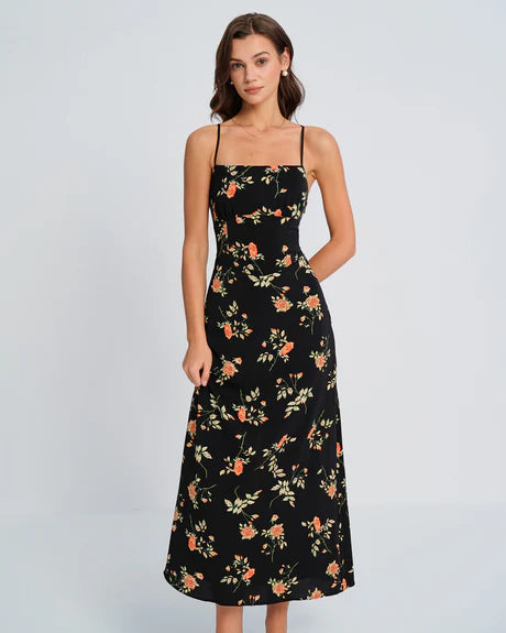 Alexis - Black Square Neck Floral Slip Maxi Dress