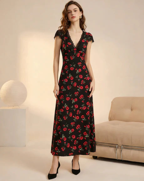 Ava - Black Floral V Neck Maxi Dress