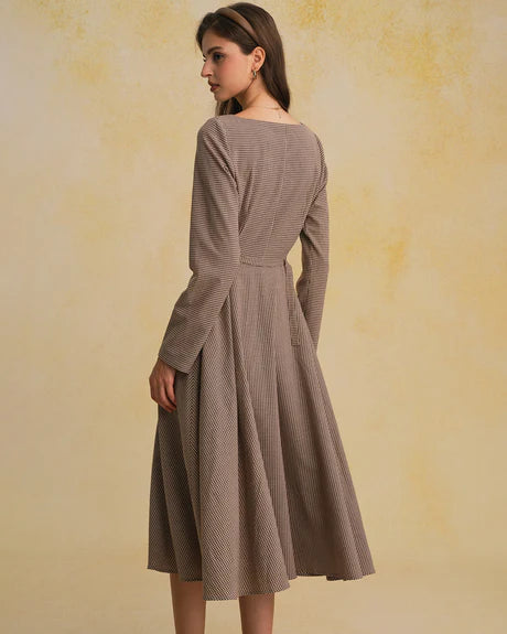 Angelica - Brown Plaid A Line Midi Dress