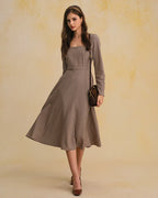 Angelica - Brown Plaid A Line Midi Dress