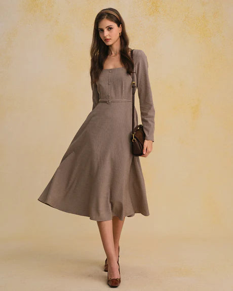 Angelica - Brown Plaid A Line Midi Dress