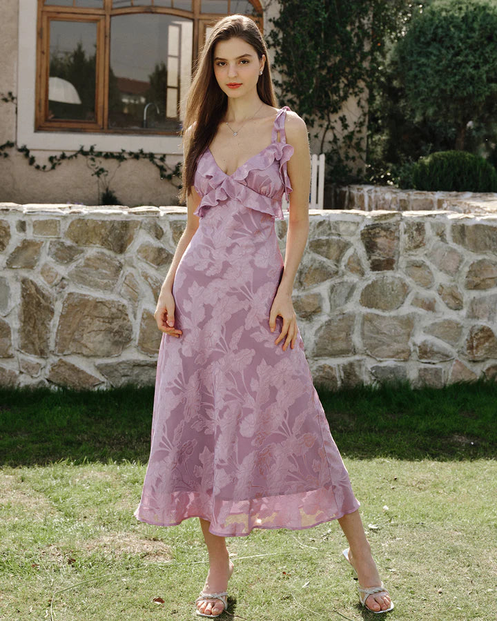 Ashley - Purple Floral Ruffle Tie Strap Midi Dress