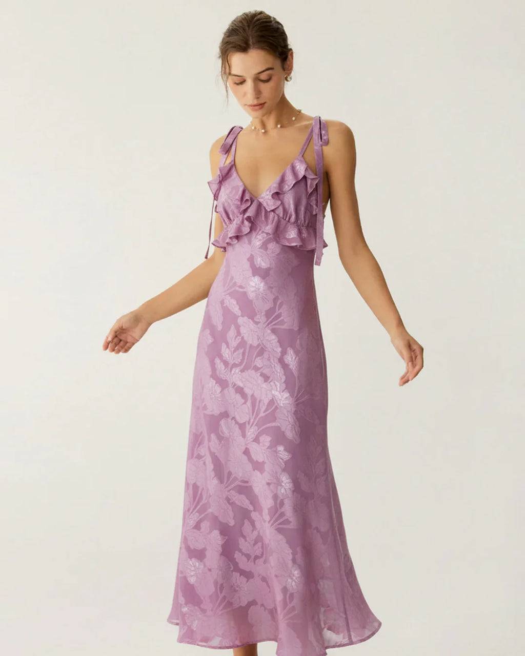 Ashley - Purple Floral Ruffle Tie Strap Midi Dress