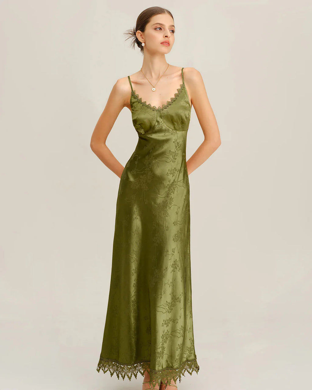 Aurora - Green Jacquard Corset Slip Maxi Dress